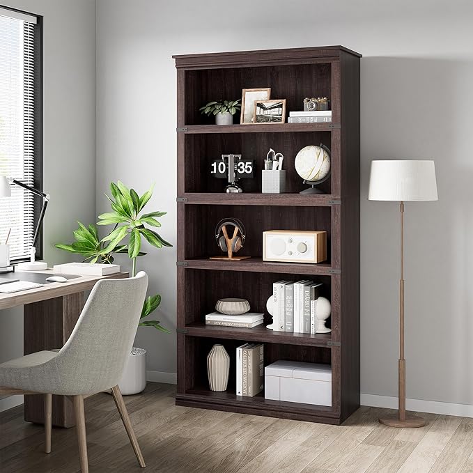 5 Tier Farmhouse Bookcase, 67.4 in Tall Book Shelf with Storage, Wooden Bookshelves 5 Shelf Display Shelvesfor Home Office, Living Room, Bed Room (Cherry, 67.4 in H x 31.5 in W x 12.8 in D)