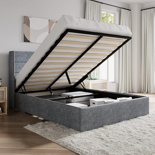 SHA CERLIN Queen Size Lift Up Storage Bed/Modern Wingback Headboard/Upholstered Platform Bed Frame/Hydraulic Storage/No Box Spring Needed/Wood Slats Support/Grey Blue