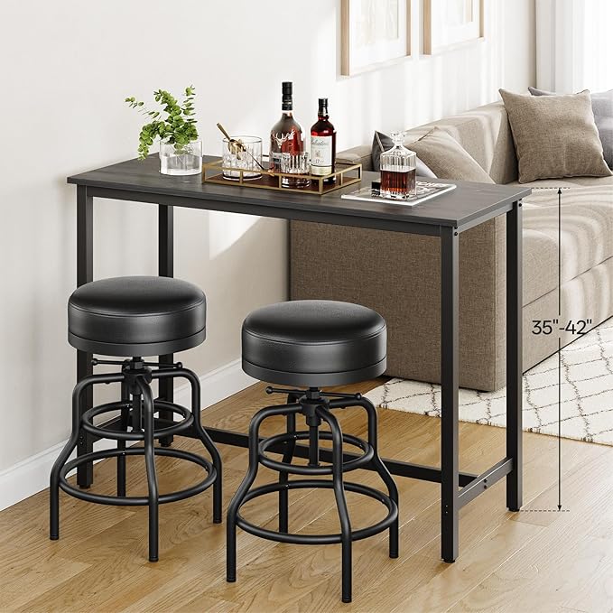 Adjustable Height Swivel Bar Stool, 22-29 Inch Industrial Vintage Bar Counter Height Stool with Thicken Premium Bonded Leather Seat & Updated Footrest, Easy Assembly, Brown