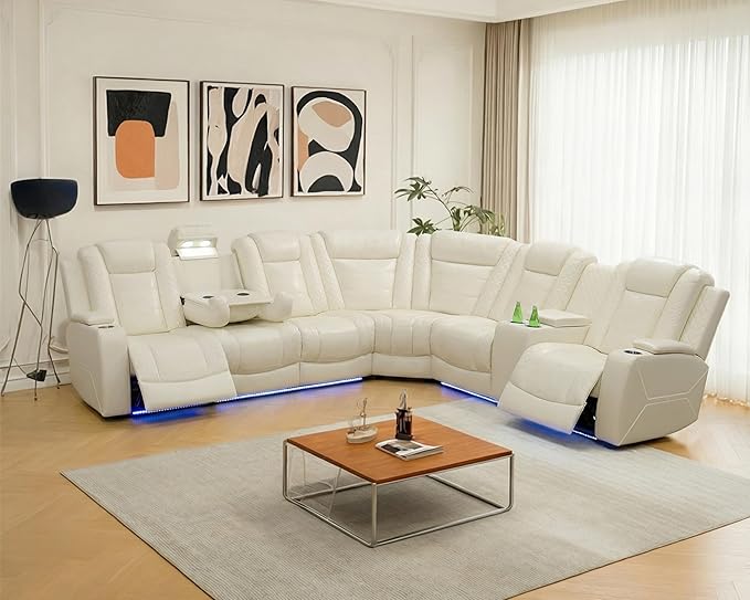 Breathing Leather Reclining Sectional Sofa with LED,Power Recliner Sectional Couch with Armrest Storage&Cup Holders, L Shaped Recliner Corner Couch for Living Room (Cream White Upgraded)