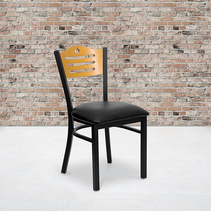 Flash Furniture 2 Pack HERCULES Series Black Slat Back Metal Restaurant Chair - Natural Wood Back, Black Vinyl Seat