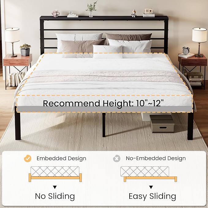 SHA CERLIN King Size Bed Frame with Headboard Shelf and Strong Metal Foundation, No Box Spring Needed, Black