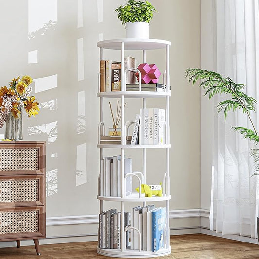4 Tier Round Rotating Bookshelf Revolving Bookcase, 360° Spinning Book Shelf Tower for Kids, Narrow Rolling Bookshelves for Small Space, Corner, Bedroom, Office