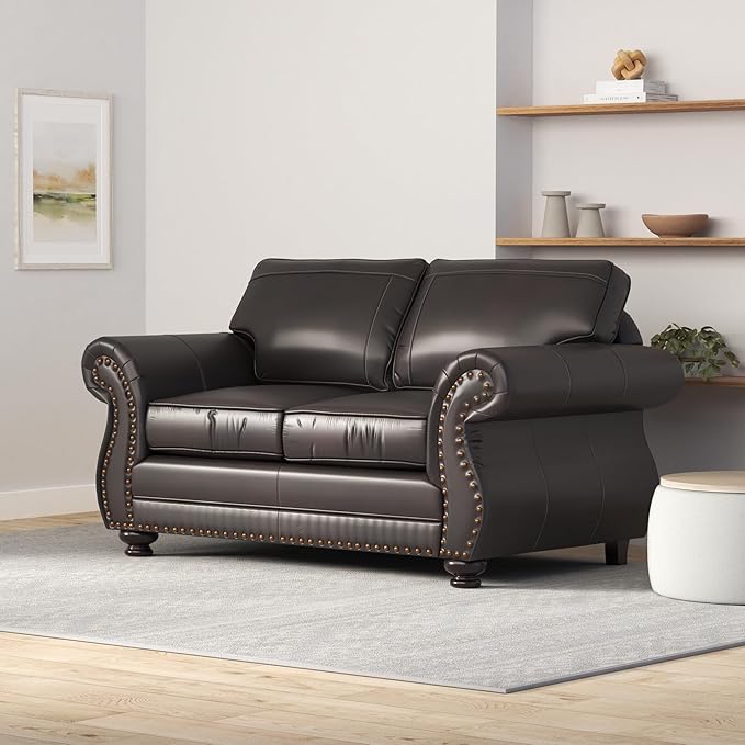 Leinster Faux Leather Loveseat with Antique Bronze Nailheads