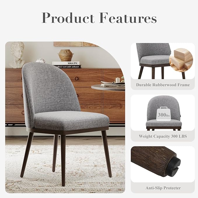 Upholstered Dining Chairs Set of 6, Large Dining Room Kitchen Chairs with High Back and Deep Seat, Modern Fabric Dinner Chairs with Wood Legs, Dark Grey