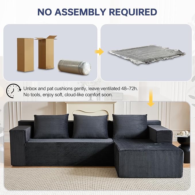 HonTop Modular Sectional Sofa L-Shape Couch, Upholstered Boneless Corduroy Fluffy Couch for Living Room, Deep Seat with Pillow Backrest, No Assembly Required (Grey, Right Facing Chaise) | Friendly Size, Flexible Modular, Family Pet-Friendly, Soft Cordu...