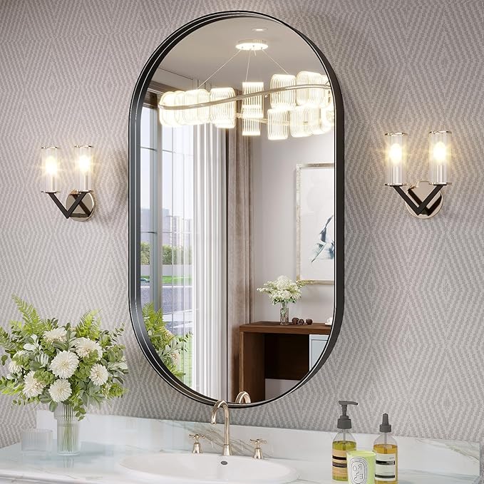 Oval Mirror, 20 x 36 inch Black Bathroom Mirror, Oval Mirror for Bathroom, Black Vanity Mirror for Wall, Entryway, Living Room, Wall Mount Mirrors Hangs Vertical or Horizontal