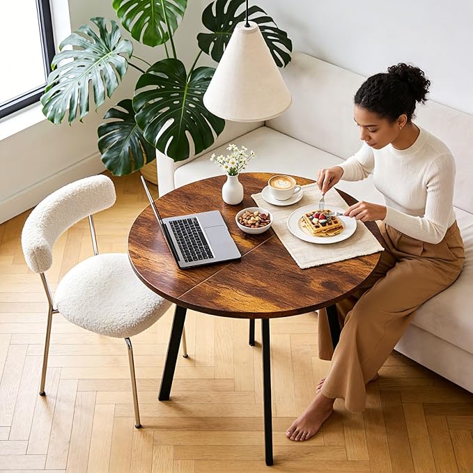 Karl home 35.4in Small Dining Table, Round Dining Table with Wood Finish Steel Legs, Circle Dinner Tables for Small Space, Apartment, Office, Kitchen, for 2 to 4 Person-Rustic Brown