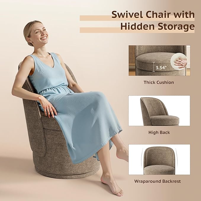Swivel Accent Chair Set of 2, 360° Swivel Round Chair with Hidden Storage, Modern Small Barrel Armchair for Living Room/Bedroom, Brown