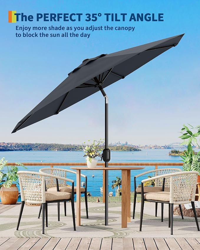 GarveeLife 9 ft Patio Umbrella, Outdoor Table Market Umbrella with Push Button Tilt and Crank, 8 Sturdy Ribs UV Protection Waterproof for Garden, Deck, Backyard, Pool (Grey)