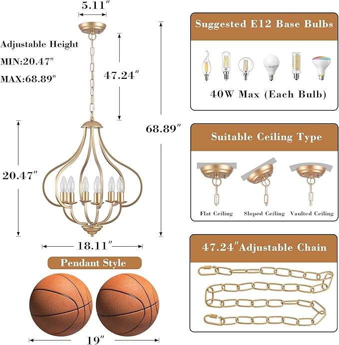 6 Lights Vintage Farmhouse Light Fixtures, Pendant Lights Kitchen Island Lighting, Modern Kitchen Light Fixtures Over Table Gold Chandelier for Dining Room Hallway Entryway Bedroom Foyer