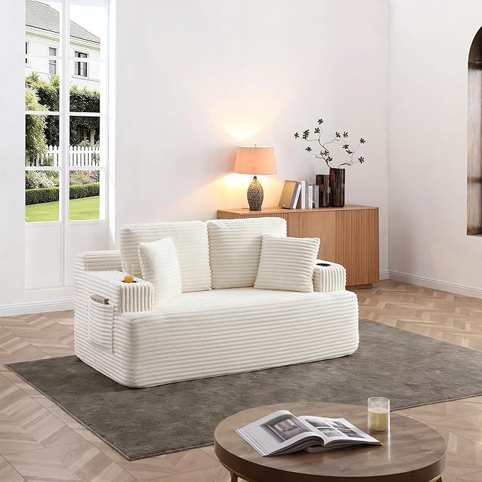 Floor Loveseat Boneless Sofa Couch in a Box with Cup Holder and Side Pockets, Corduroy Upholstered 2 Seater Cloud Foam Sofa with Deep Seating for Living Room, No Assembly | Breathable material, Cupholders