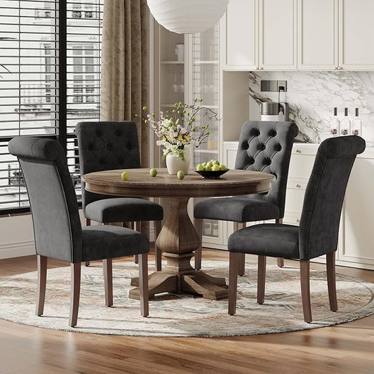 Upholstered Tufted Dining Room Chairs Set of 4, Parsons Kitchen Chairs with Padded Seat and Solid Wood Legs, Fabric Accent Side Diner Chair for Dining Room/Kitchen/Living Room, Black