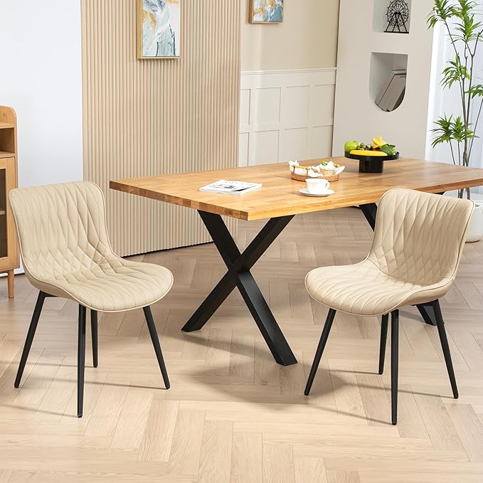 Finnhomy Dining Chairs Set of 2, Mid-Century Modern Upholstered Dining Chairs, Armless Faux Leather Accent Chairs with Backrest, Living Dining Room Chairs with Metal Legs for Dining Room, Khaki