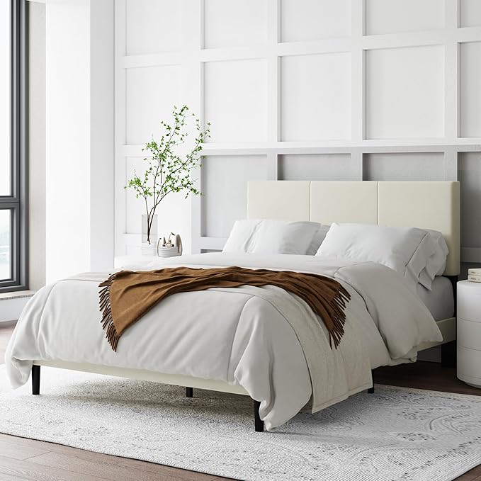 Full Size Bed Frame with Upholstered Headboard, Sturdy Wood Slats, No Box Spring Required, Silent, Easy Assembly,Beige