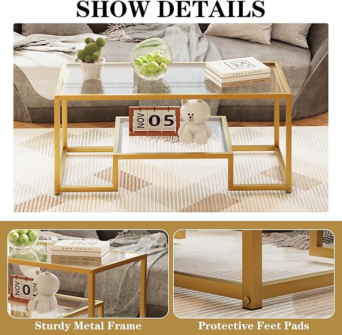 Coffee Table Gold Glass Coffee Table for Living Room,2 Tiers Rectangle Center Table with Sturdy Metal Frame,Modern Tempered Glass Accent Table for Bedroom Home Office