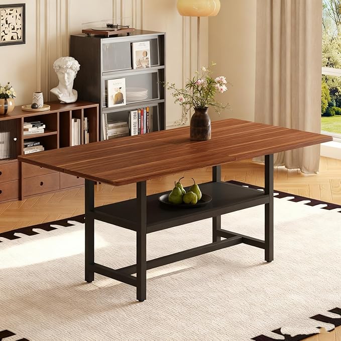 Dining Table, 71 inch Kitchen Table with Storage Shelf, Dinner Table with Black Textured Tabletop & Metal Legs, Minimalist Design for Family Gatherings, Fits Modern Home Decor, Walnut Black