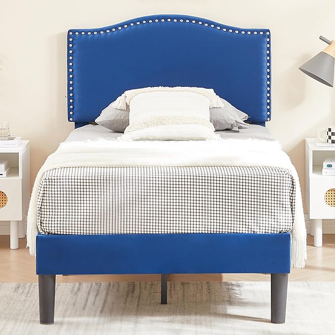 VECELO Twin Bed Frame, Platform Bed Frame with Adjustable Height Upholstered Headboard, Heavy-Duty Frame and Strong Wooden Slats Support, Non-Slip and Noise-Free, Easy Assembly, Dark Blue