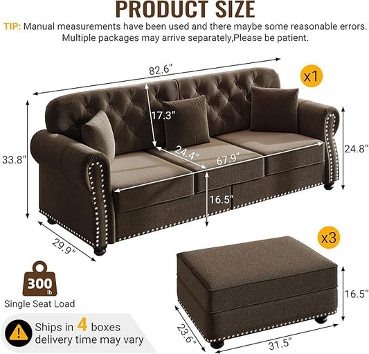KEIKI 83" Velvet Chesterfield Sofa with Rolled Arms & Nailhead Trim & 3 Ottoman, Modern 3-Seater Button Tufted Couch with High Resilience Cushion & 3 Pillow, Easy Assembly, for Living Room, Brown