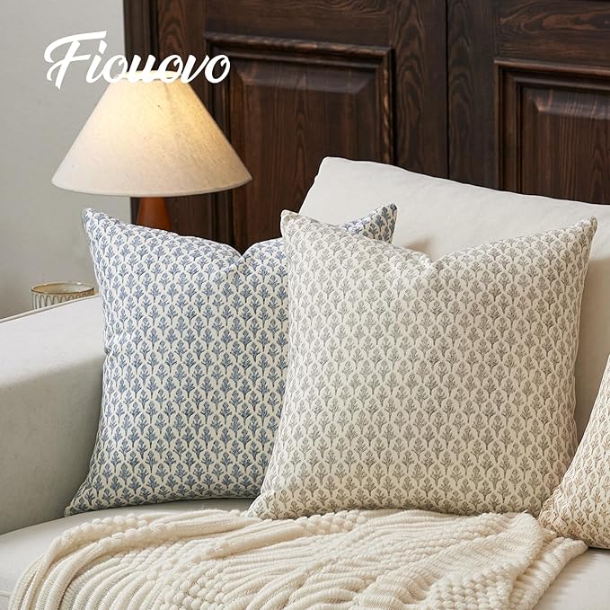 FIOUOVO Floral Pillow Covers 20x20 Pillow Cover Block Print Couch Pillows for Living Room Decorative Neutral Accent Throw Pillow Covers, 1PC, Aqua Blue