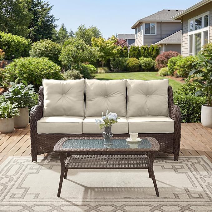 Patio Furniture Set, 2PCS Outdoor Wicker Conversation Set with 6" Thick Cushions, High Back Rattan Sofa, Weather Resistant Olefin Fabric for Garden, Poolside, Beige