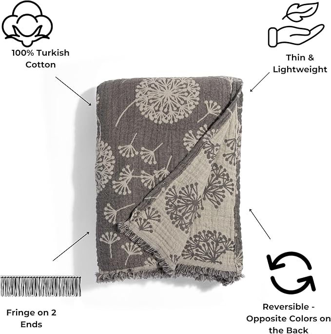 InfuseZen Large Turkish Muslin Throw Blanket - Reversible Dandelion Design -100% Turkish Cotton Gauze - 92" x 65" - Soft, Thin, Lightweight, Breathable - Sofa, Bed, Picnic, Beach - Charcoal/Grey