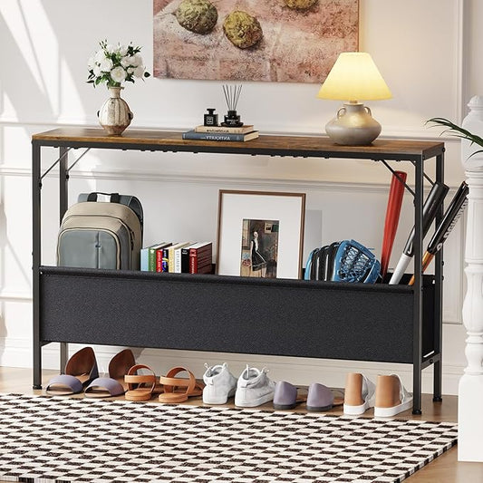 47.2'' Console Table, 9.5" D Entryway Table with Storage Basket, Narrow Sofa Table, Behind Couch Table for Hallway, Foyer, Corridor, Living Room, Rustic Brown