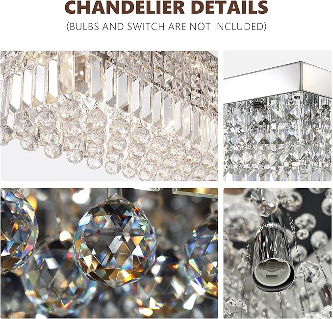 12-Lights Crystal Chandeliers Modern Crystal Rectangular Flush Mount Chandelier with Raindrop Crystals Pendant Light Fixture for Dining Dining Room Kitchen Dining Room Bedroom Bathroom Hotel