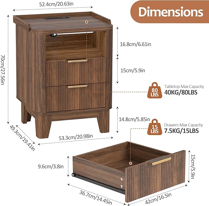 Night Stand with Charging Station, Fluted Nightstand with 2 Drawers and LED Light, Wood Bedside Table with Open Storage for Bedroom, Walnut