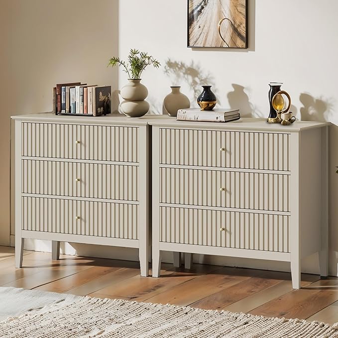 Large Beige Fluted 3 Drawer Dresser Set of 2, Chest of Drawers with Ball Bearing Slide Modern 30 inch Tall Wood Nightstand with Spacious Storage for Bedroom Hallway Living Room Entryway