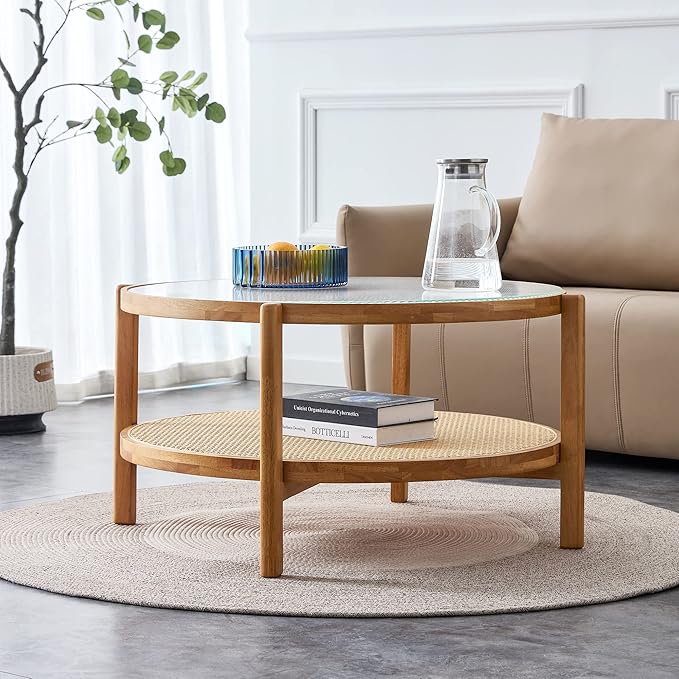 Tempered Glass Round Coffee Table, Farmhouse Circle Coffee Table with Rattan Woven Shelf for Storage, Solid Wood Circular Center Table for Living Room