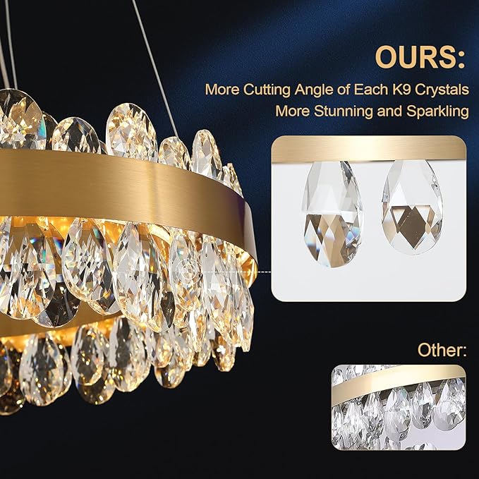 Gold Crystal Chandelier Modern LED Chandeliers 19’’ Round LED Pendant Light Fixture Dimmable Flush Mount Chandelier for Dining Room Foyer Living Room, UL Listed