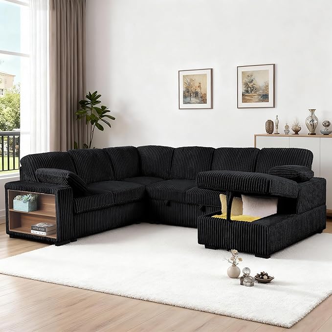 ERYE Oversized U-Shaped Pull Out Sleeper Couch Bed, Modern U Shaped Sleeper Sectional Sofa Corduroy Corner Convertible Sofa Bed with Storage Chaise Lounge and Cabinet