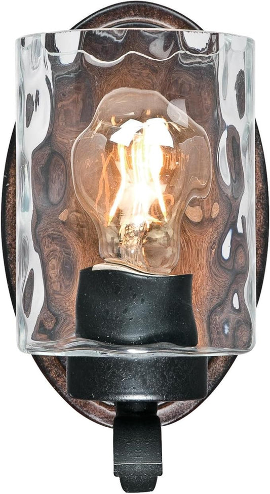 6331600 Barnwell One-Light Indoor Wall Fixture, Textured Iron and Barnwood Finish with Clear Hammered Glass