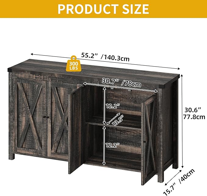 DWVO Buffet Cabinet with Storage, 55" Sideboard Buffet Storage Cabinet with Shelves and Doors, Farmhouse Coffee Bar Cabinets Kitchen Table for Kitchen, Dining Room, Dark Oak