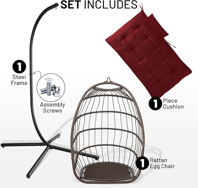 SereneLife Egg Chair with Stand – Hanging Rattan Wicker Swing for Indoor Outdoor Use – 350 lbs Capacity, Breathable Cushion & Headrest – Patio, Balcony, Porch, Bedroom Lounge Furniture