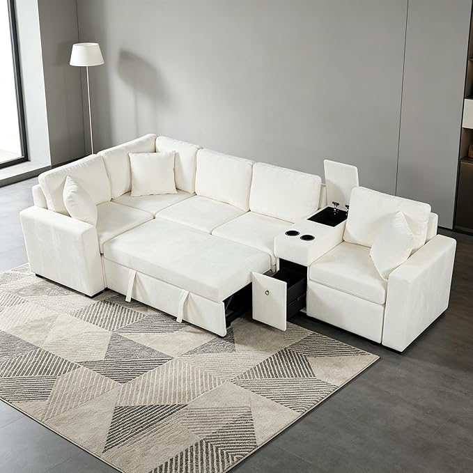 ERYE 120.5-Inch Oversized Sleeper Sectional Sofa W/Pull Out Sleeper Couch Bed, Modern Chenille Upholstered Reversible Modular Sectional Sleeper Sofa with Console & Cupholders | Storage