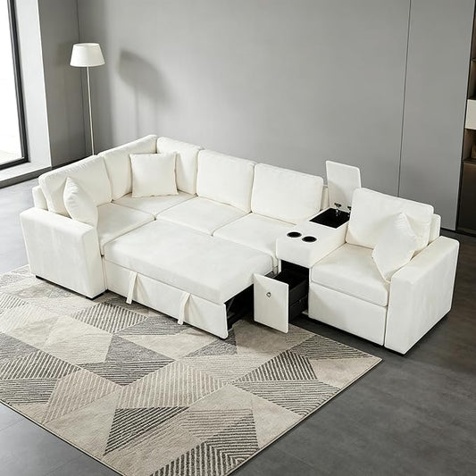 ERYE 120.5-Inch Oversized Sleeper Sectional Sofa W/Pull Out Sleeper Couch Bed, Modern Chenille Upholstered Reversible Modular Sectional Sleeper Sofa with Console & Cupholders | Storage