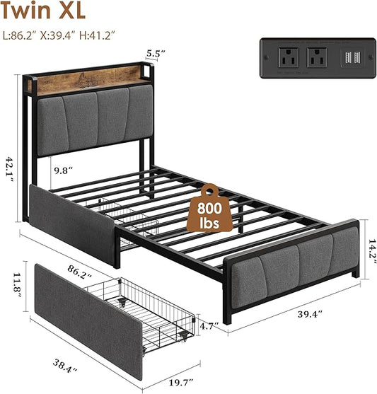 Twin-XL Size Bed Frame with 2 Storage Drawers and Charging Station, Rustic Linen Upholstered Platform Bedframe with Storage Headboard, Heavy Duty, No Box Spring Needed, Easy Assembly, Noise Free
