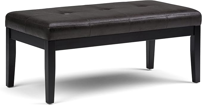 SIMPLIHOME Lacey Tufted Ottoman Bench - 41 inch Wide Upholstered Vegan Leather Rectangle Ottoman in Distressed Black, Contemporary Bench for Bedroom or Entryway with Stitching Detail, Assembled