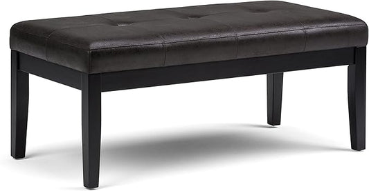 SIMPLIHOME Lacey Tufted Ottoman Bench - 41 inch Wide Upholstered Vegan Leather Rectangle Ottoman in Distressed Black, Contemporary Bench for Bedroom or Entryway with Stitching Detail, Assembled