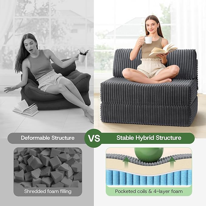 4-in-1 Folding Sofa Bed Convertible Chair Couch Foldable Chaise Lounger & Mattress Pocket Coils+Foam Fill, Portable No Assembly Boneless Sofa Floor Futon for Living Room/Bedroom, Twin