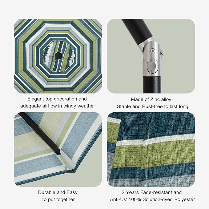 Tempera Striped Patio Umbrellas Outdoor Table Market Umbrellas with Crank & Pust Button Tilt|Auto-Tilt, 8 Steel Ribs, High Color-Fastness Canopy