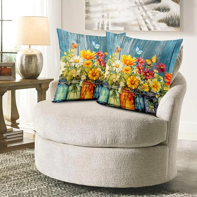 Daisy Vase Pillow Covers 18x18 Set of 2 Rustic Floral Sunflower Wood Board Decorative Throw Pillow Cases Spring Summer Vintage Flowers Outdoor Pillowcase for Farmhouse Couch Sofa Decor