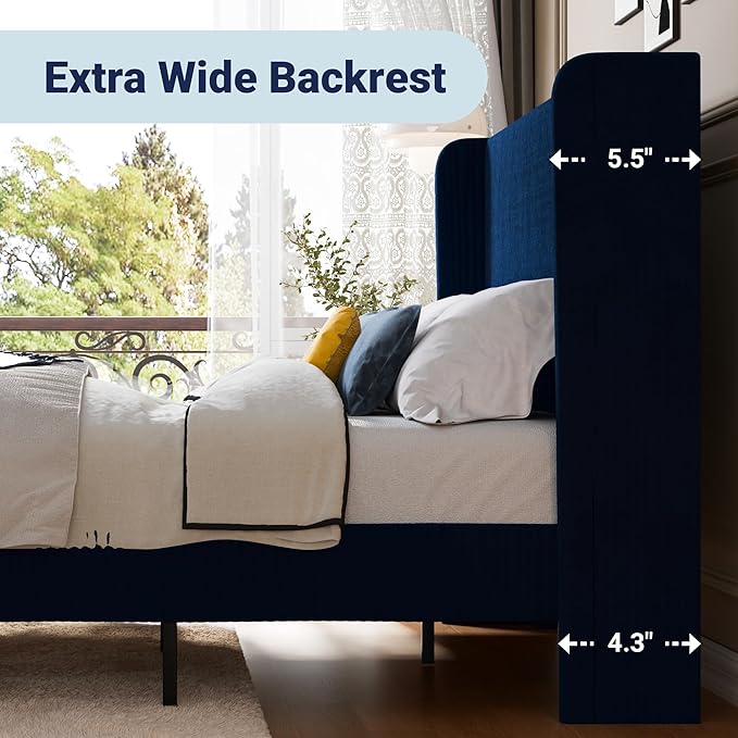 SHA CERLIN King Size Corduroy Upholstered Platform Bed Frame with Vertical Channel Tufted Wingback Headboard, 8" Under Bed Storage, Wooden Slats & Metal Frame Support, Easy Assembly, Dark Blue