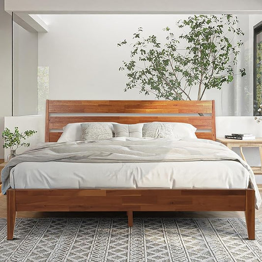 Acacia Emery Bed Frame with Headboard Solid Wood Platform Bed, King Size Bed Frame, Mid - Century Modern Wood Bed Compatible with All Mattresses, Easy Assembly, Non-Slip (Walnut, King)