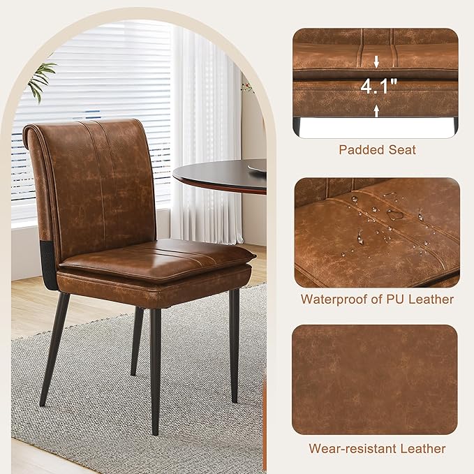 VECELO Upholstered PU Dining Chairs Set of 2, Kitchen Chairs with Padded Seat for Living Room, Dining Room, High Back and Steel Legs, Easy Assembly, Brown