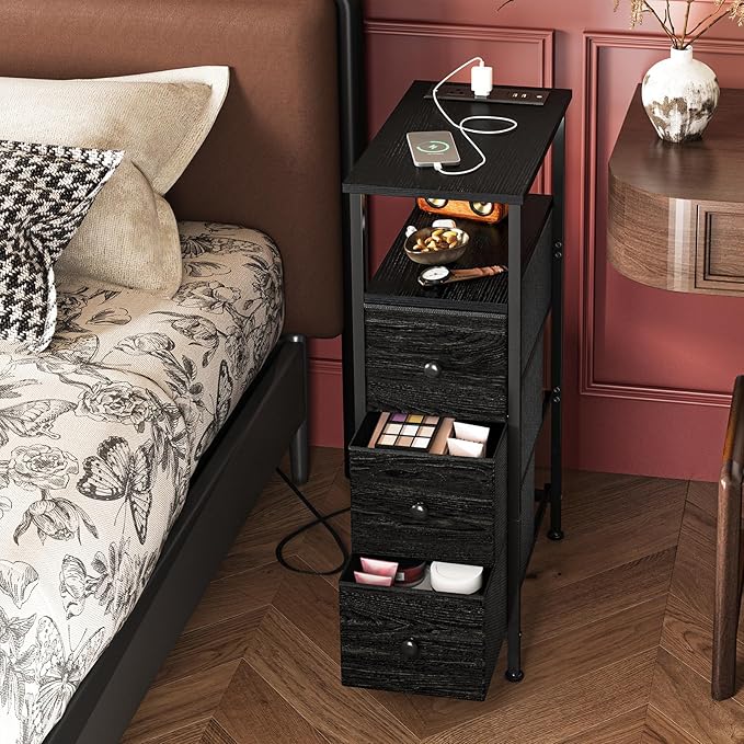 Fixwal Narrow Dresser with Charging Station, Tall Skinny Nightstand with 3 Fabric Drawers, Dorm Silm Bedside Table for Small Spaces Bathroom, Bedroom, Laundry (Charcoal Black)