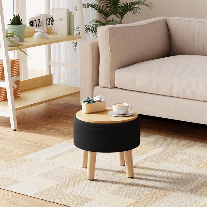 Poofzy Small Ottoman with Storage, Small Foot Stool Ottoman with Wood Legs, Velvet Foot Rest for Couch, Living Room and Bedroom - Black