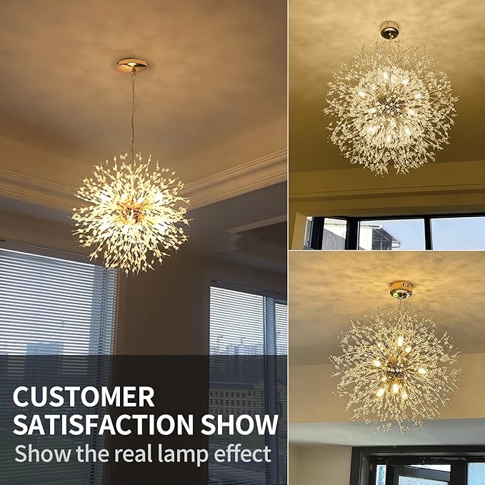 Crystal Chandelier, Firework Modern Beaded Chandeliers, Dandelion Gold Pendant Lamp, Hanging Lighting Fixture for Bedroom, Dining Room, Kitchen, Farmhouse, Hallway, Foyer, 22" Gold 12 Lights